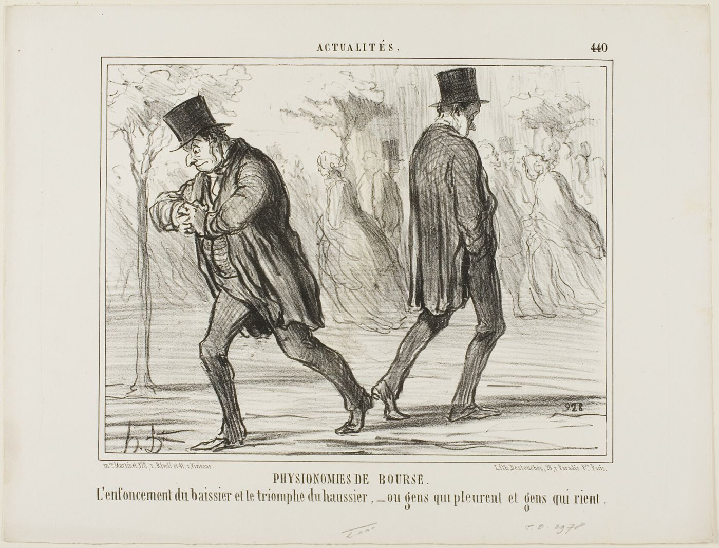 Daumier lithograph of 1857: a ruined bear speculator walks away weeping while a triumphant bull strides past laughing
