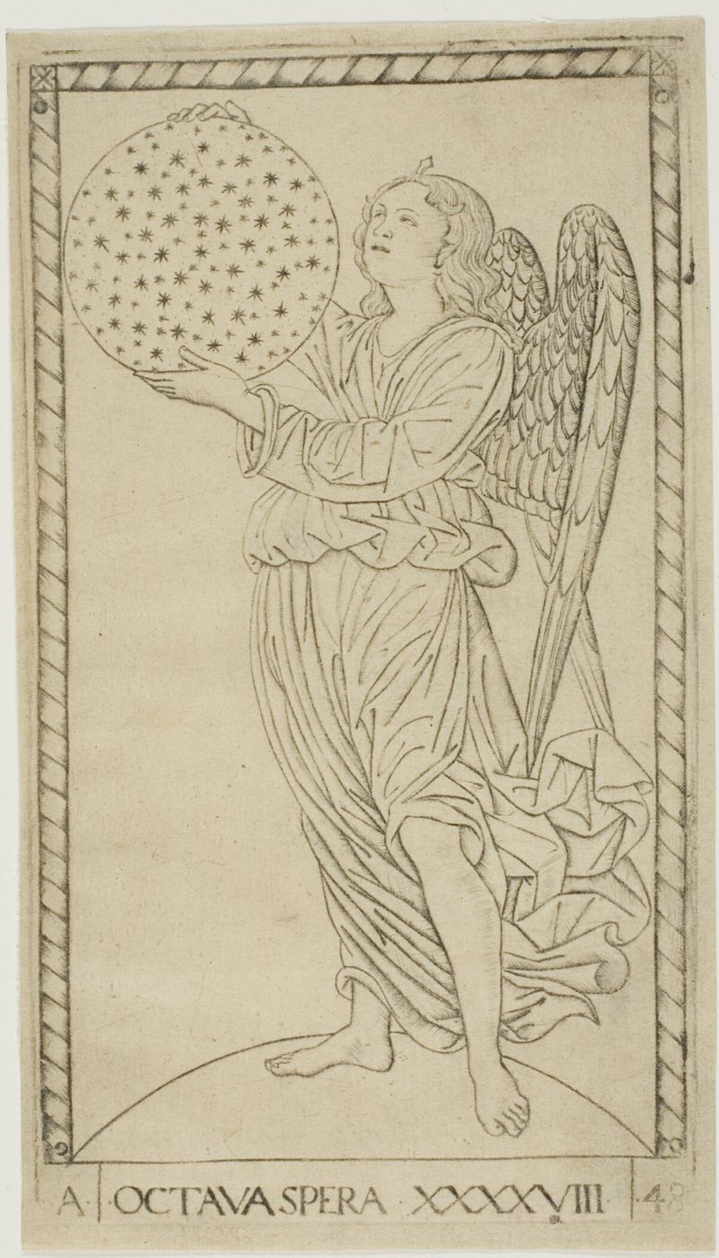 Engraving of about 1465: an angel holds up a sphere scattered with stars, the eighth sphere of the heavens