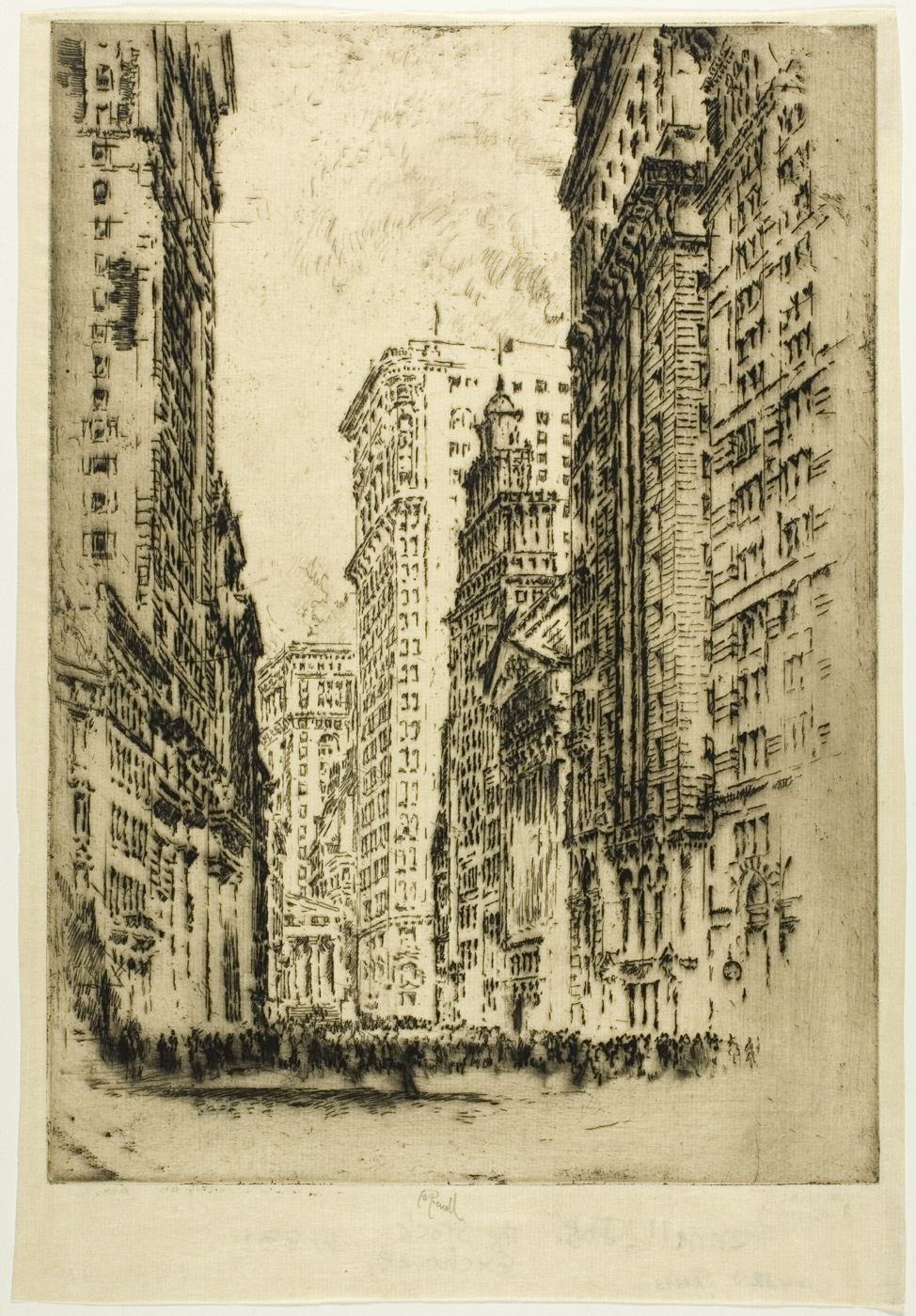 Joseph Pennell etching of 1904: the narrow canyon of a New York street outside the Stock Exchange, crowded under tall buildings